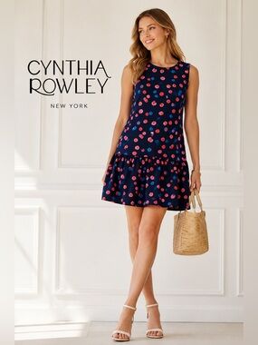Cynthia Rowley Cherrycore Drop Waist Dress  6 Navy Sleeveless Mini Coastal A5